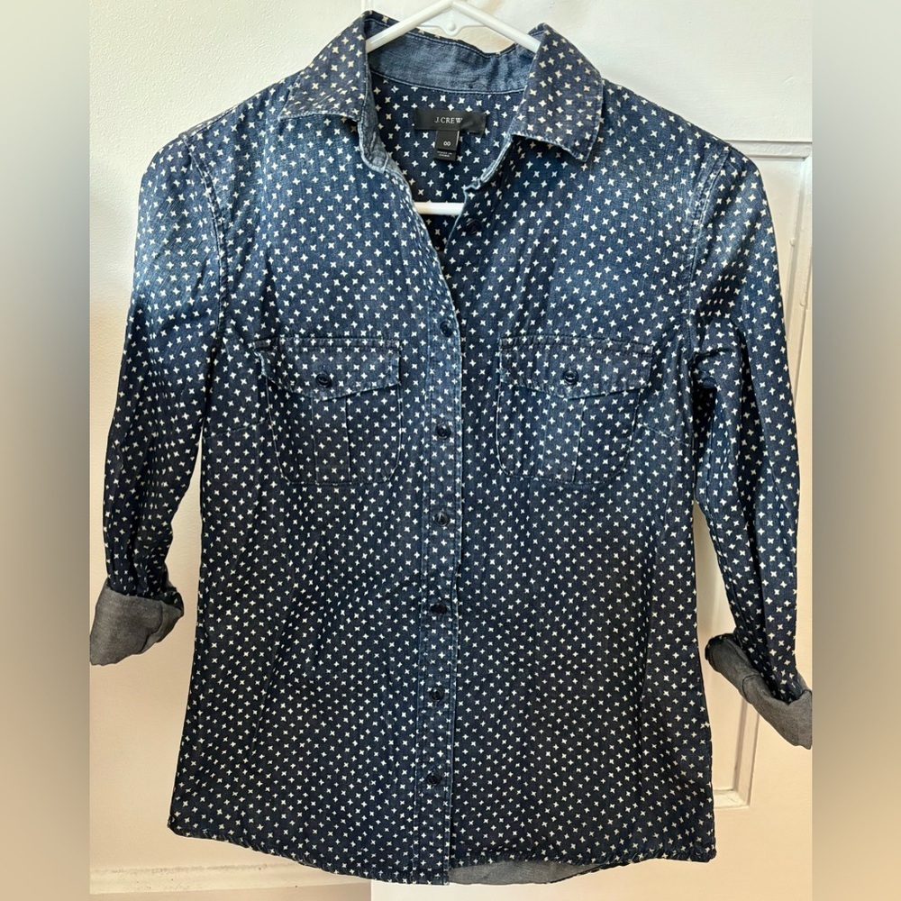 NWOT J.Crew Star Print Chambray Button Front Shirt Size XXS 00 - Picture 2 of 5
